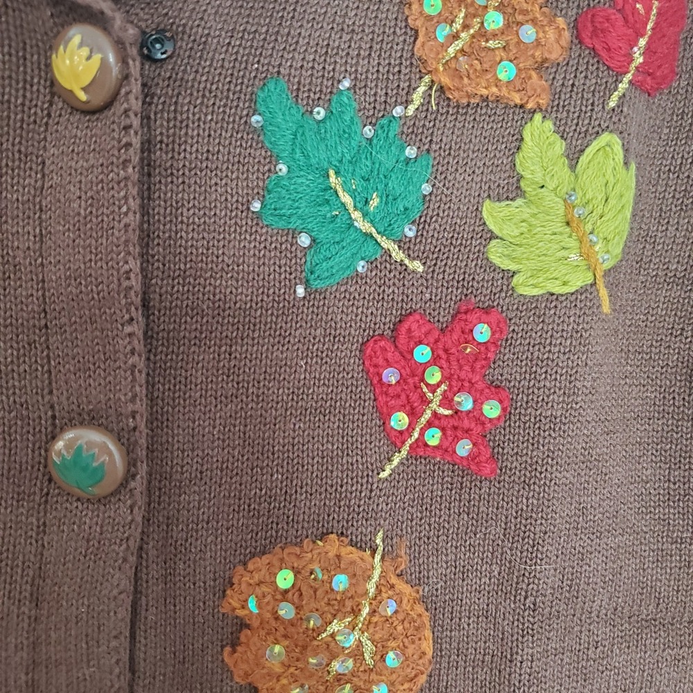 Vtg Storybook Knits Sweater S Long Brown Cardigan HSN Fall Leaves Autumn NWT - Picture 4 of 9